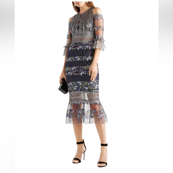 Marchesa Notte Cold-shoulder embroidered lace and tulle midi dress 12 NEW - Picture 2 of 12